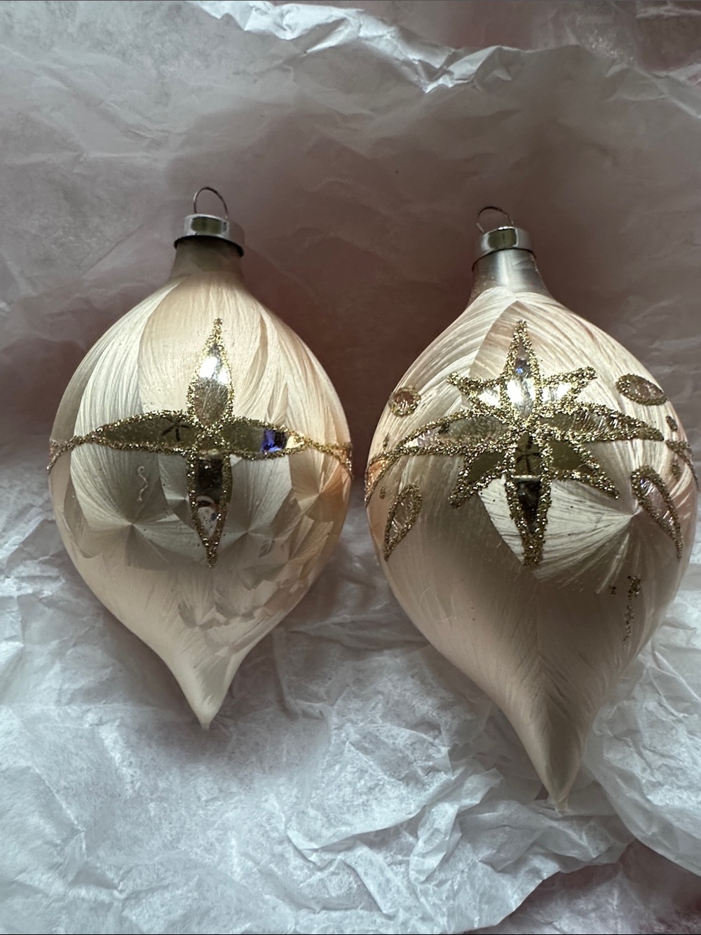Vintage Elegant Cream and Gold Glass Holiday Ornaments - Set of 2